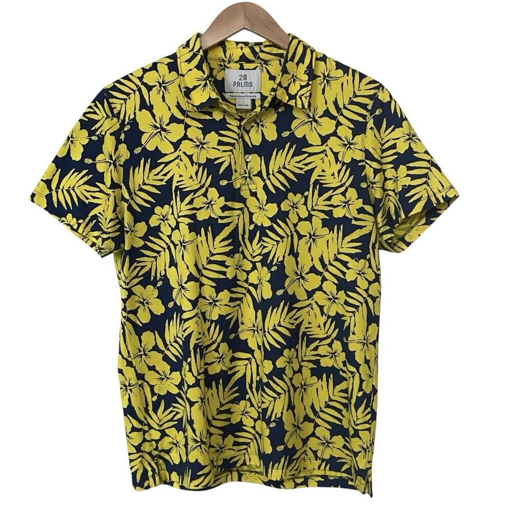 28 Palms Mens Size Large Navy Blue Yellow Floral Polo Shirt Short Sleeve